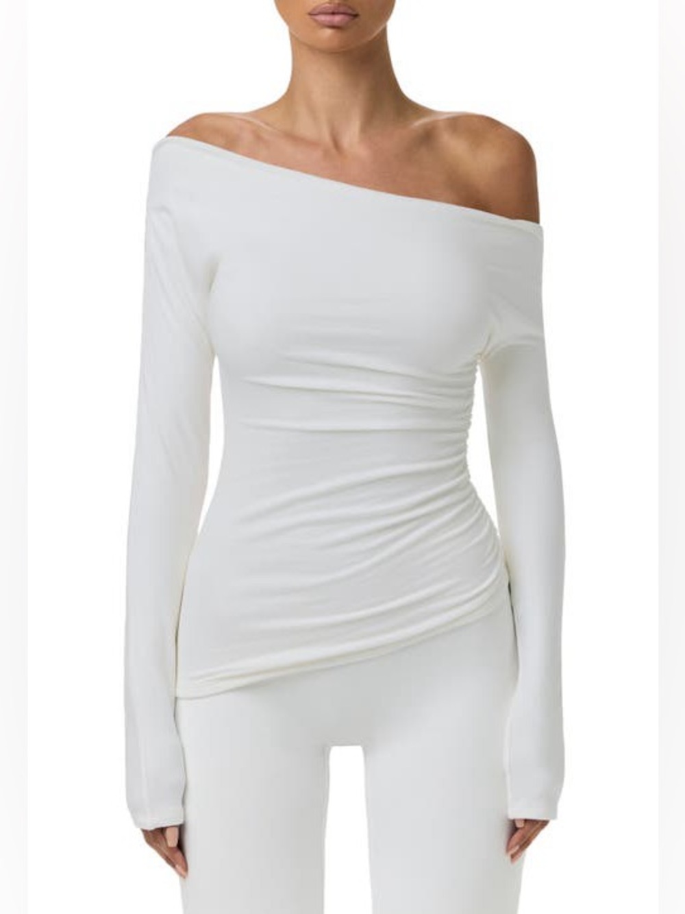 NAKED WARDROBE Asymmetrical Off the Shoulder Top XL White Ruched Trendy Party
